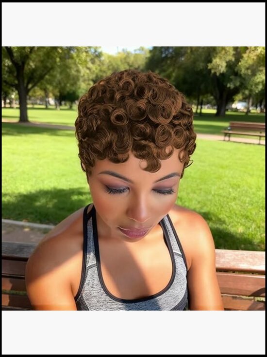 Short Layered Curly Human Hair Pixie Wig with Bangs 150% Density Glueless Daily main image 3